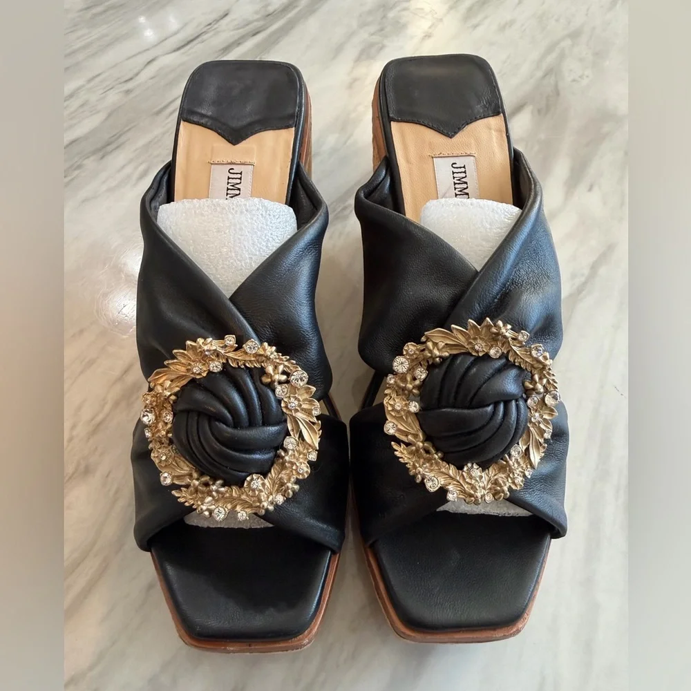 Jimmy Choo Nevara90 Womens Embellished Rhinestone Leather Wedge Black Sandals 38